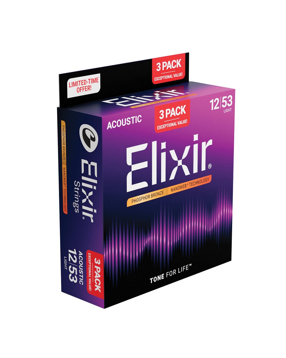 Elixir Nanoweb Phosphor Bronze 3-Pack 12-53 Acoustic Guitar Strings (E16569)