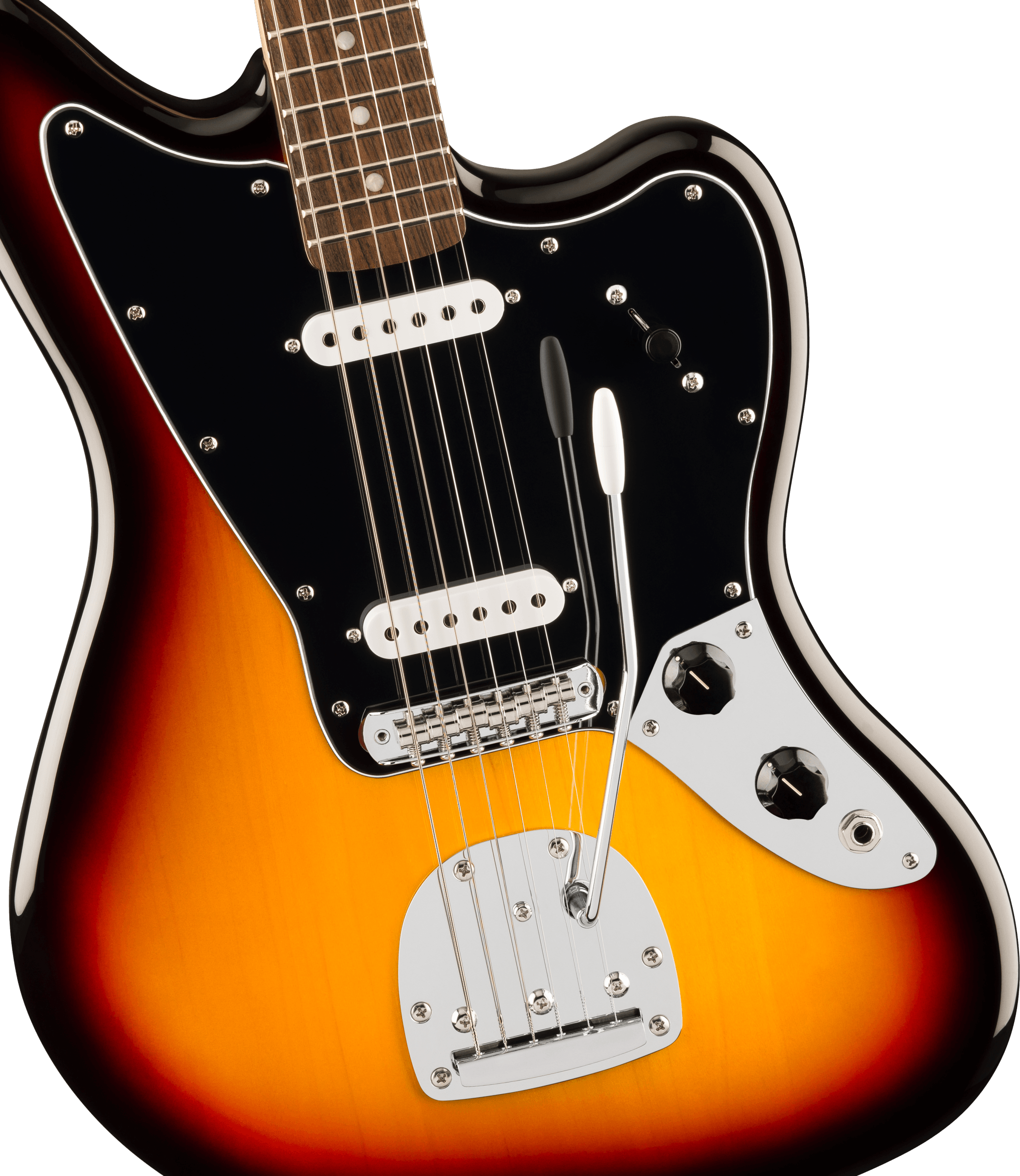 Squier Affinity Series Jaguar  (Laurel Fingerboard, Black Pickguard, 3-Color Sunburst)