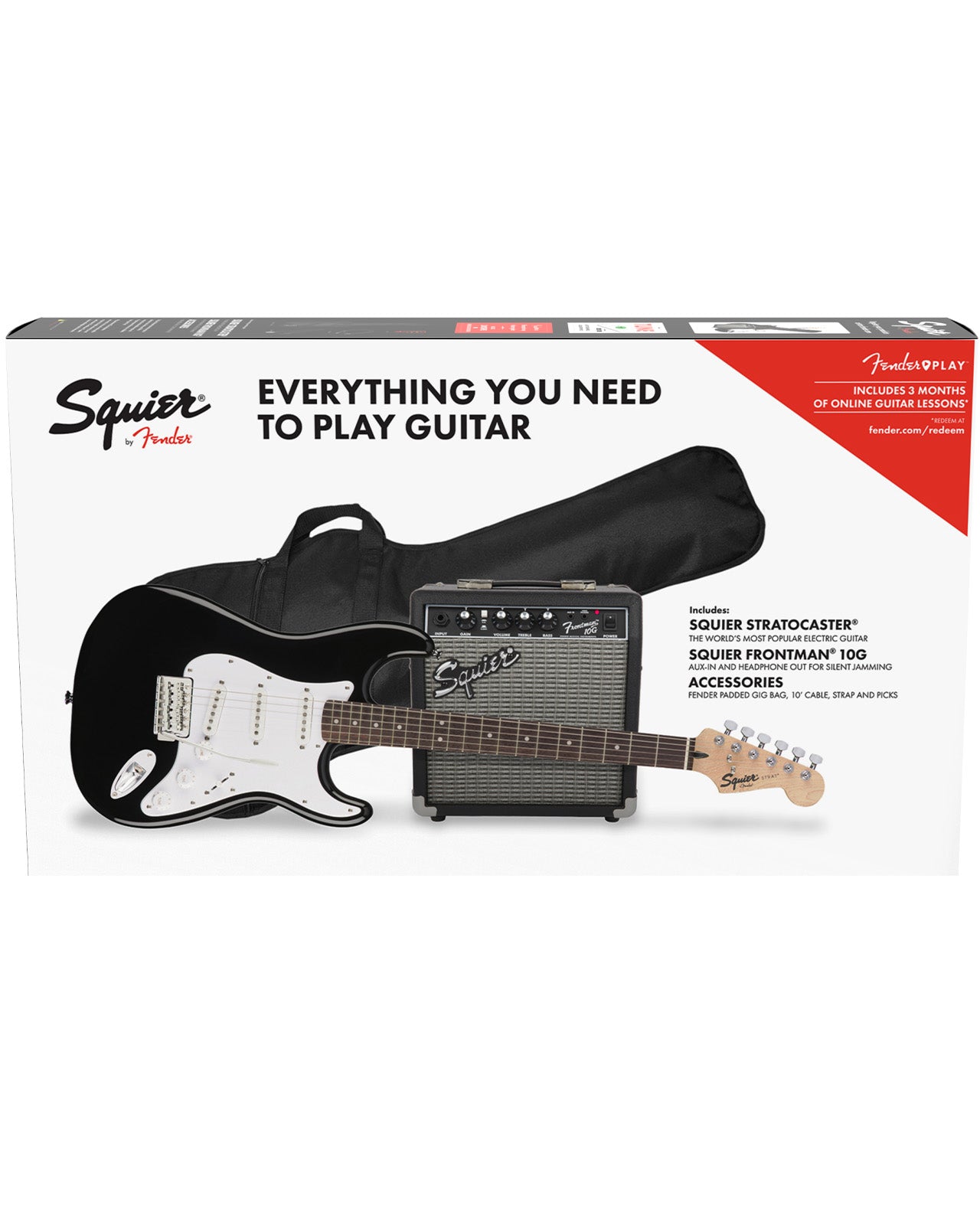 Squier Stratocaster Pack (Black) w/ Bag & Frontman 10G