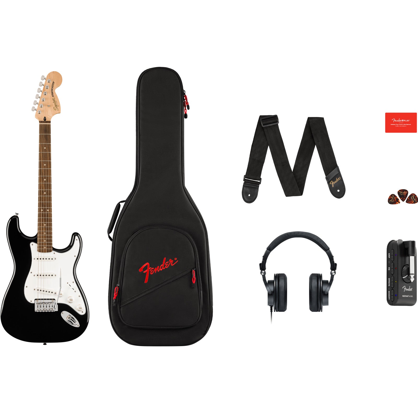 Squier Affinity Series Stratocaster Mustang Micro Pack (Laurel Fingerboard, Black, Gig Bag)